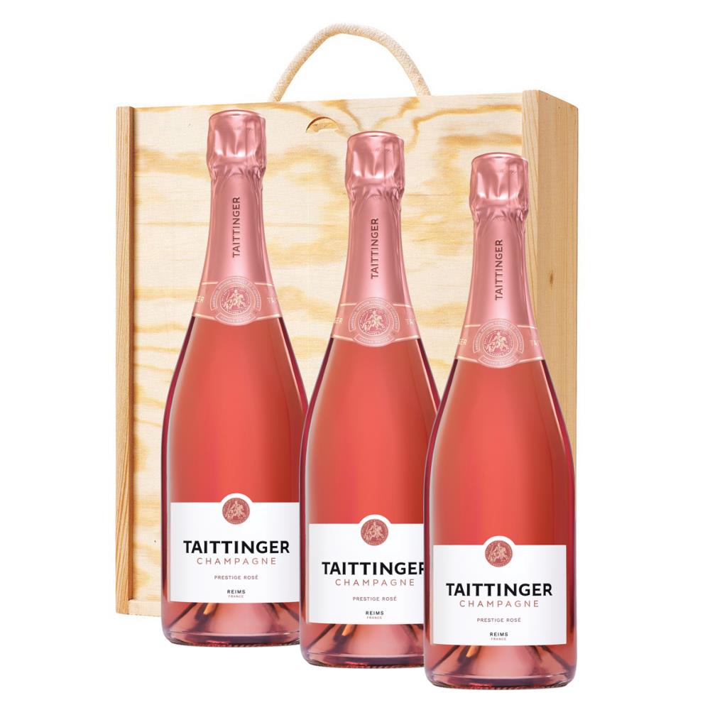 3 x Taittinger Rose Champagne 75cl Treble Wooden Gift Boxed Champagne